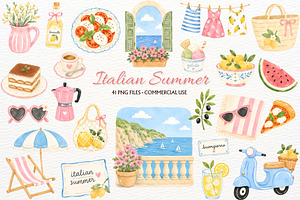 Italian Summer Clipart Coastal PNG, a Seasonal Illustration by SugarCloudStudioArt