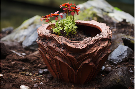 Red flowers growing in a rustic clay, a Nature Photo by Ylivdesign