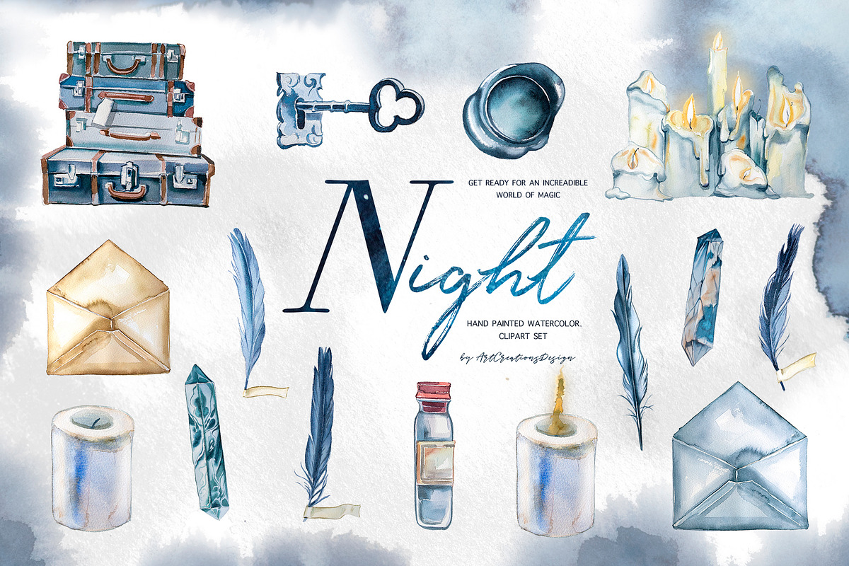 Hand-Painted Night Clipart Set, an Animal Illustration by ArtCreationsDesign (Photo 3 of 29)