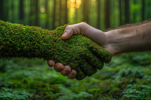 Human hand shaking hand covered in moss symbolizing harmony betw, a Nature Photo by José Manuel Gelpi