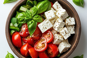 Fresh Feta Tomato Cucumber Basil Sal, a Food & Drink Photo by Pixeness Studio
