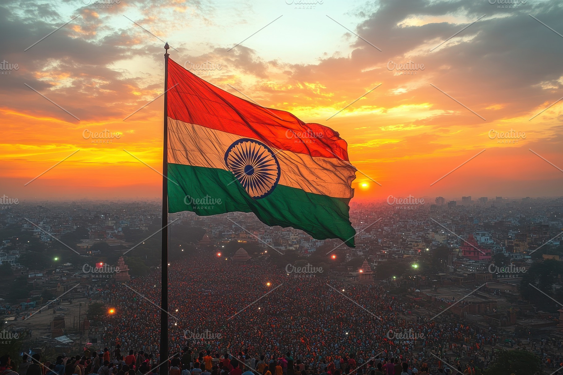 Vibrant sunset over a crowd gathered, a Photo by Tanuart
