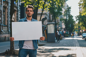 Portrait of handsome man with white blank signboard standing on, a Photo by AlyaAnd