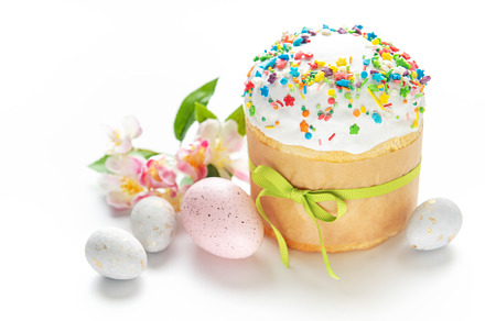 Easter cake with colorful sprinkles, decorated eggs, and spring, a Holiday Photo by Olena Rudo