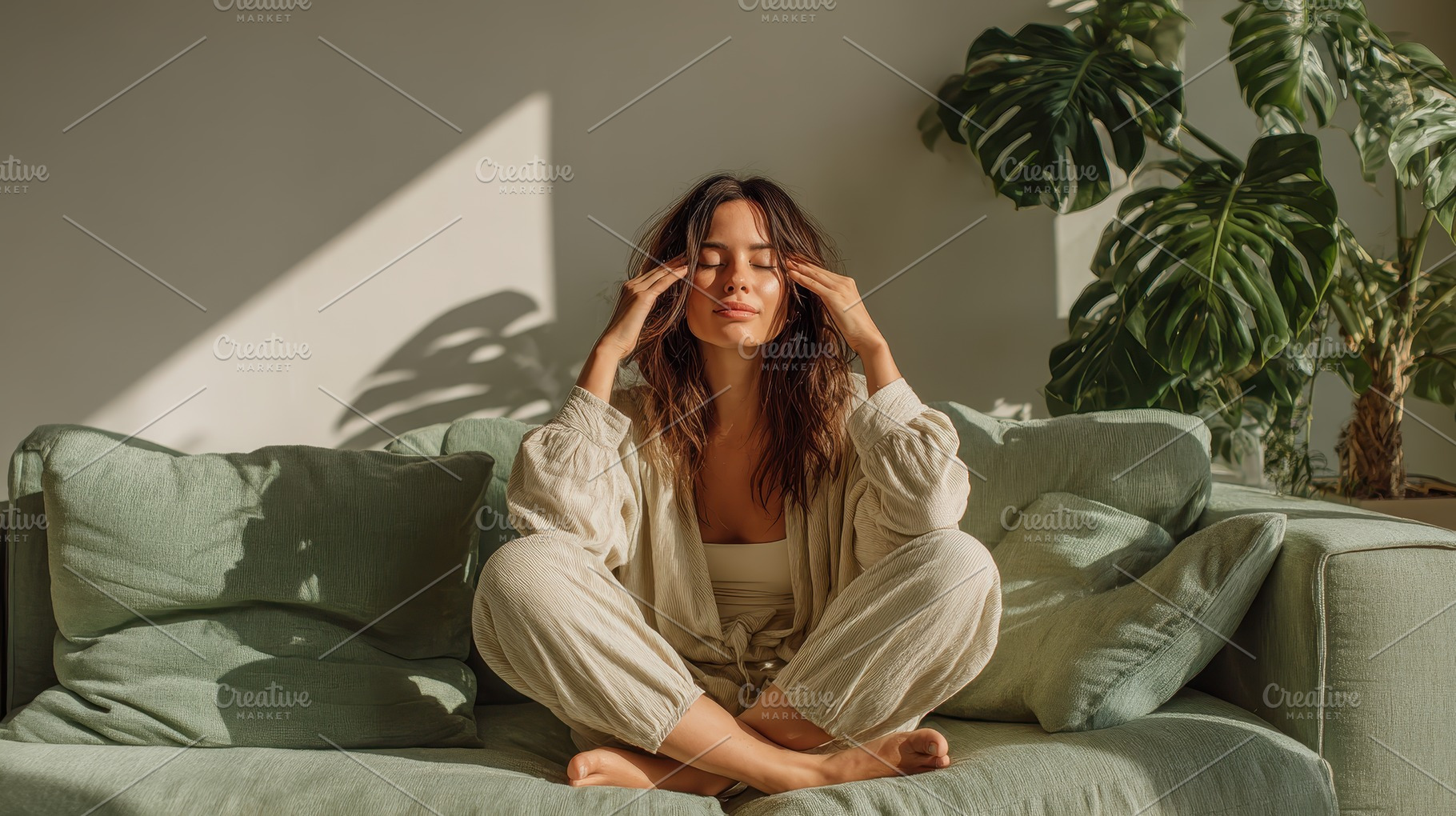 Woman Meditating on Green Sofa Sunli, an Abstract Photo by Pixeness Studio