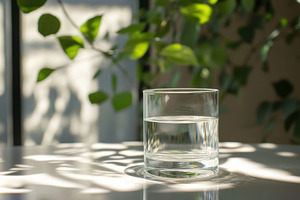 Clear glass of water on a sunlit, a Photo by Pavel_design