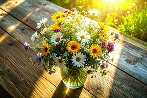 Sunlit Wildflower Bouquet on Rustic Wooden Table, a Nature Photo by Davizro's Market