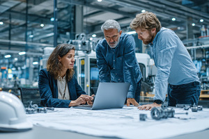 Engineering team reviewing blueprint, a Photo by Pixeness Studio