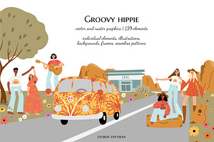 groovy hippie clipart, retro 70s set