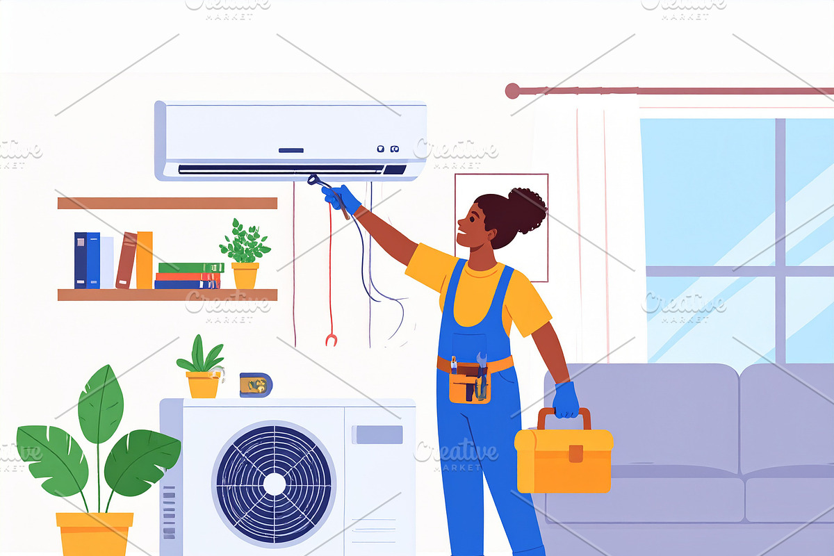 Woman hvac technician working indoors in a modern home, a Work Illustration by DanFLCreativo