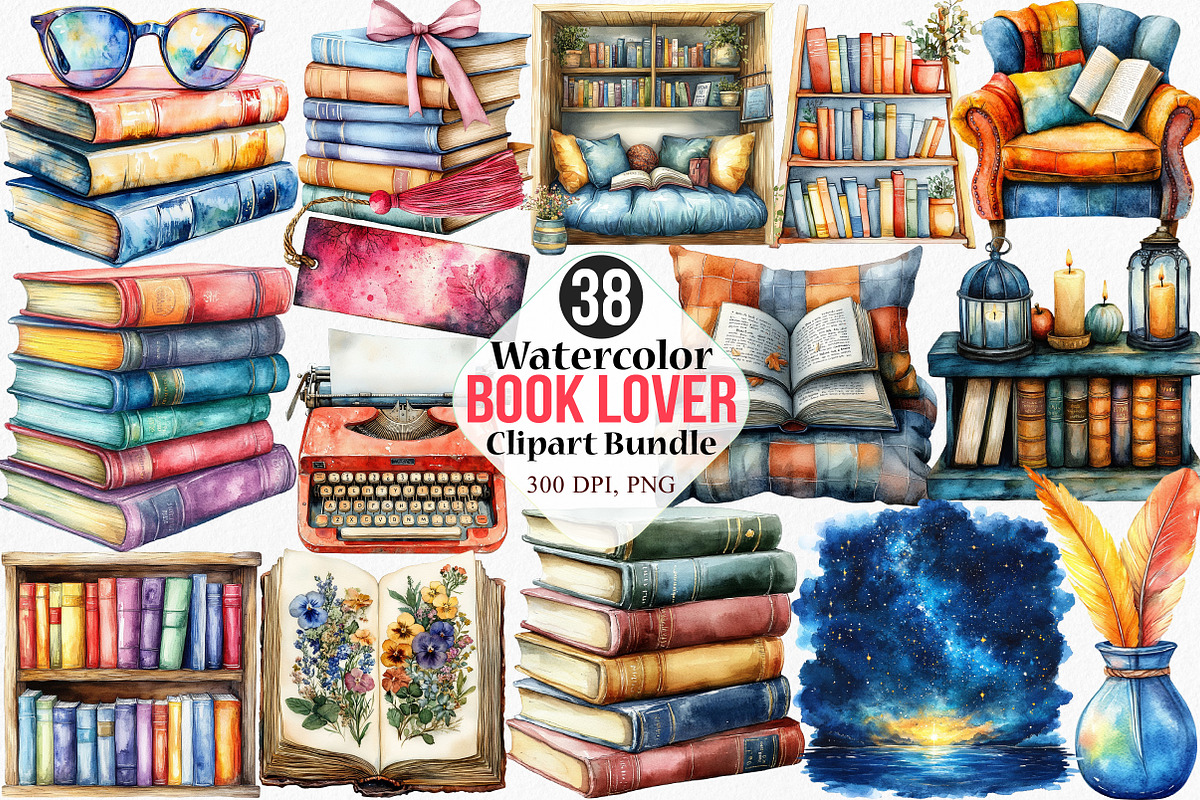 Watercolor Book Lover Clipart Bundle, an Illustration by Canvas Craft (Photo 1 of 9)