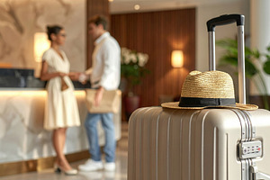 Suitcase with Hat at Hotel Reception Desk, a Sports & Recreation Photo by Davizro's Market