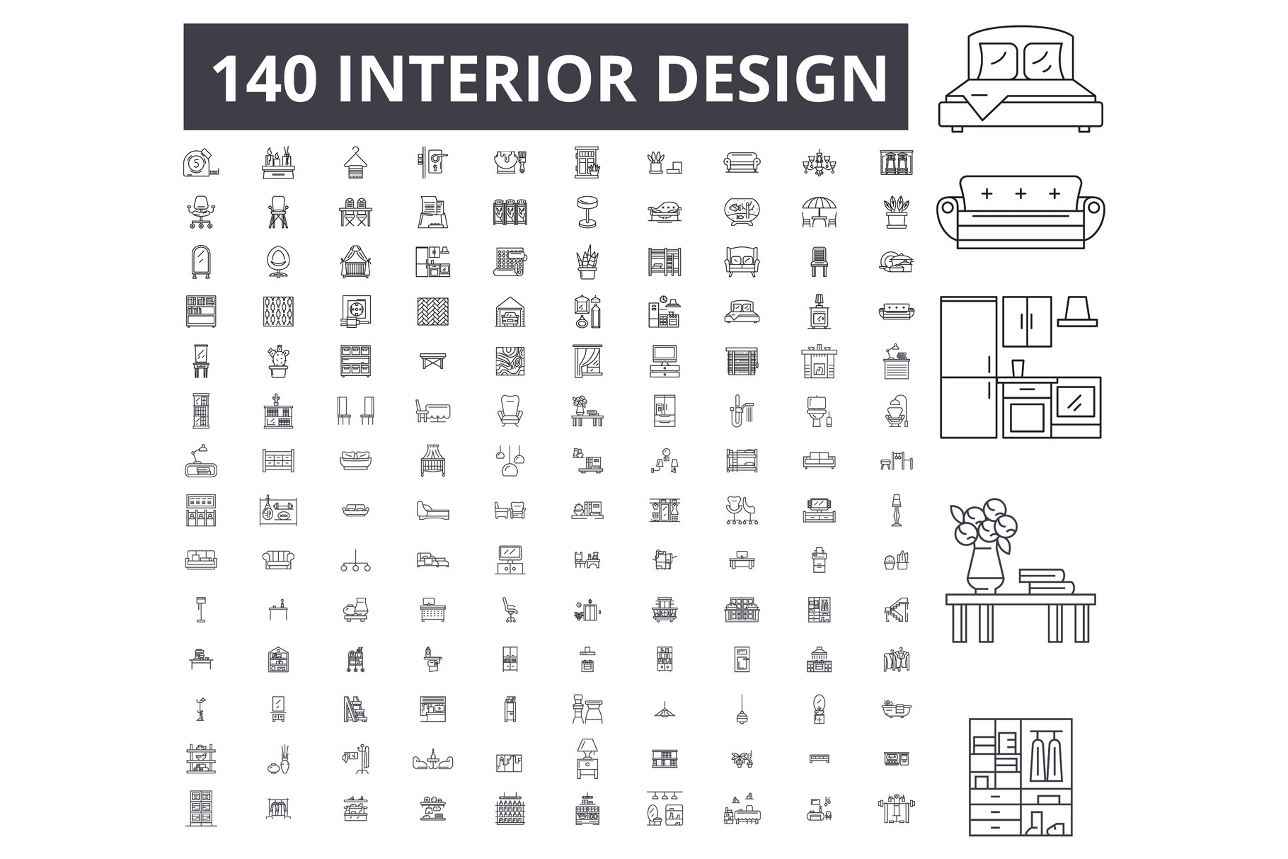 Interior design editable line icons | Graphic Objects ~ Creative Market