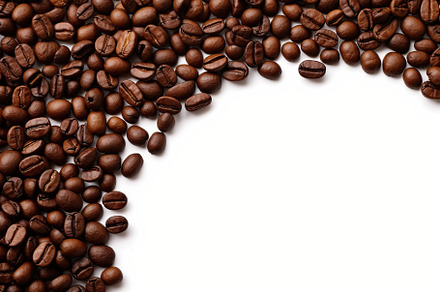 Roasted coffee beans with copyspace on white background, a Food & Drink Photo by AlyaAnd