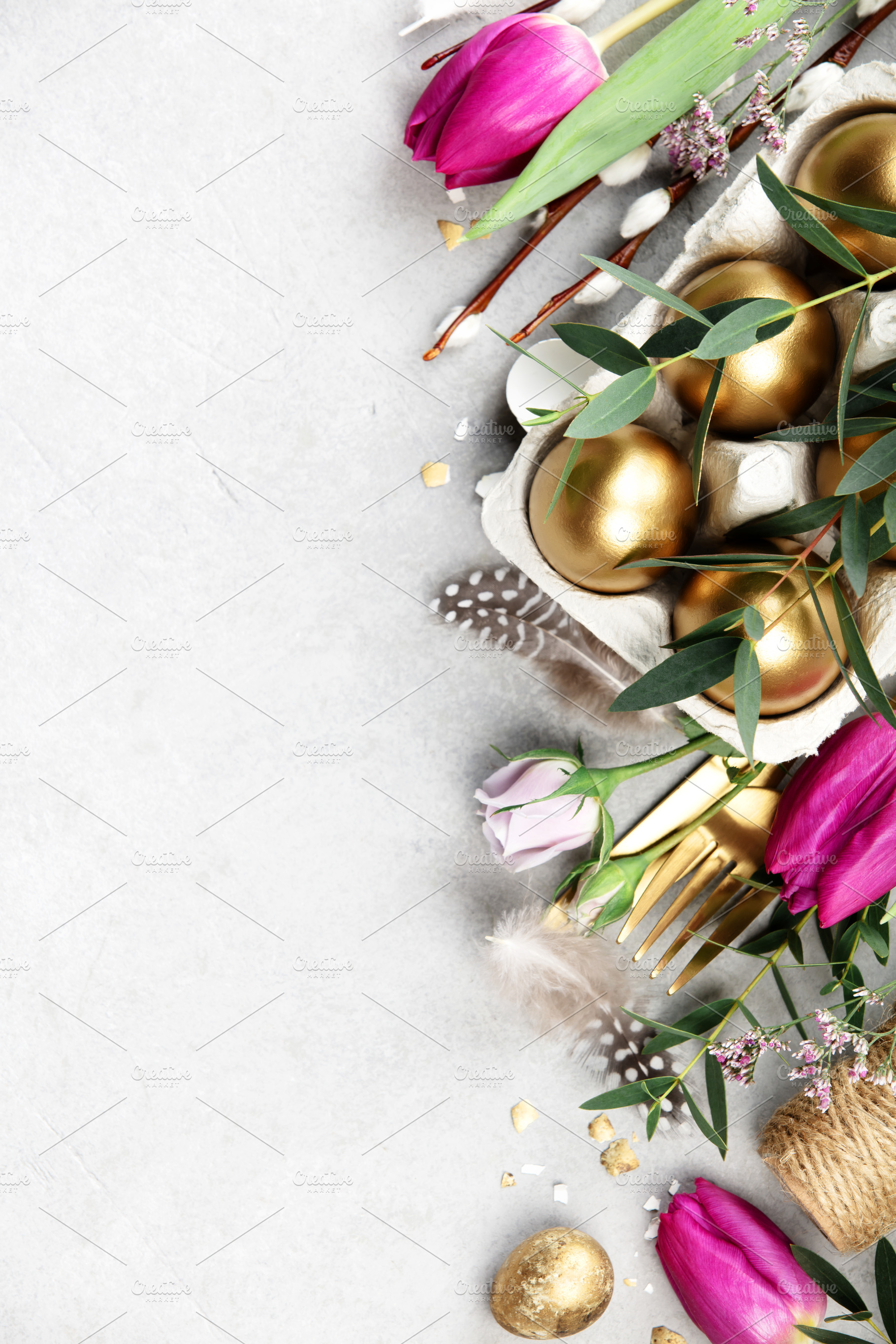 Elegant Easter Border with Golden Eggs and Pink Tulips, a Holiday Photo by Natalia Klenova's Shop