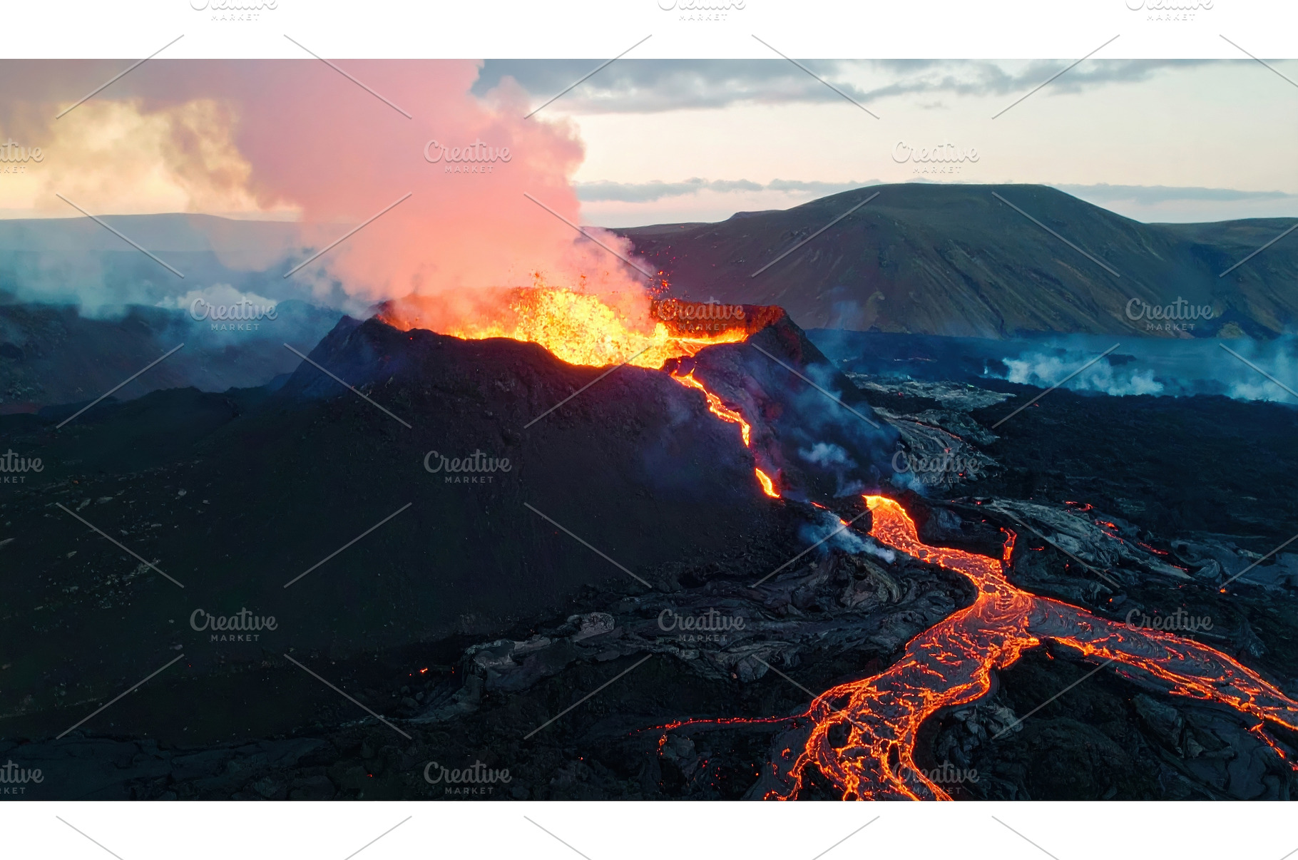 Volcanic eruption with lava flow and, a Background Photo by Igor Tichonow