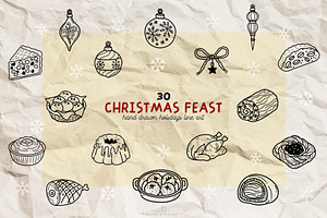 Christmas Feast Line Art Clipart, a Food Illustration by Blumensdiary