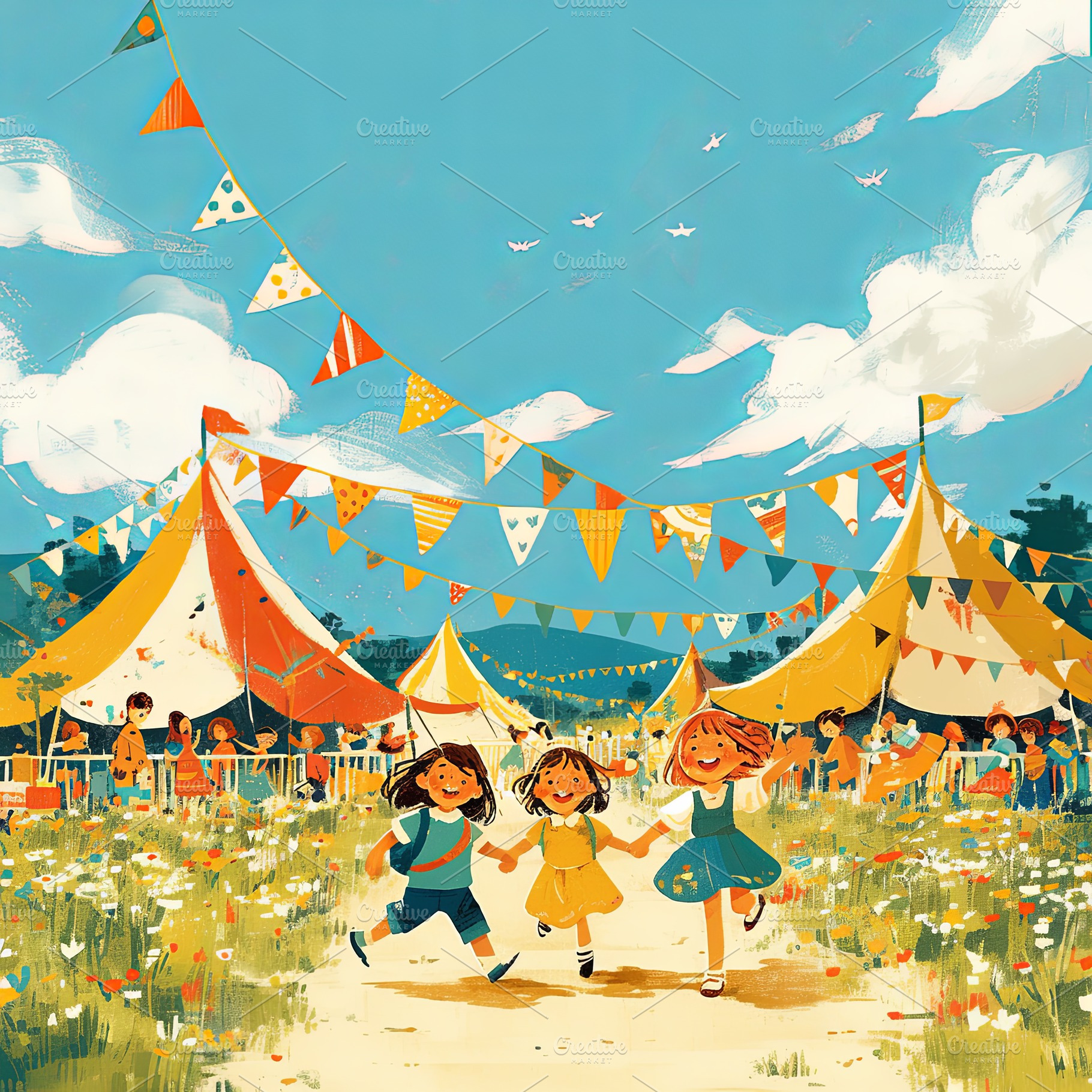 Three children joyfully running in a vibrant outdoor festival setting, a Photo by AS photostudio